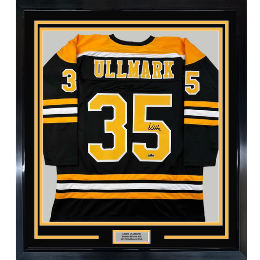 Framed Facsimile Autographed Linus Ullmark 35x39 Boston Black Reprint Laser Auto Hockey Jersey