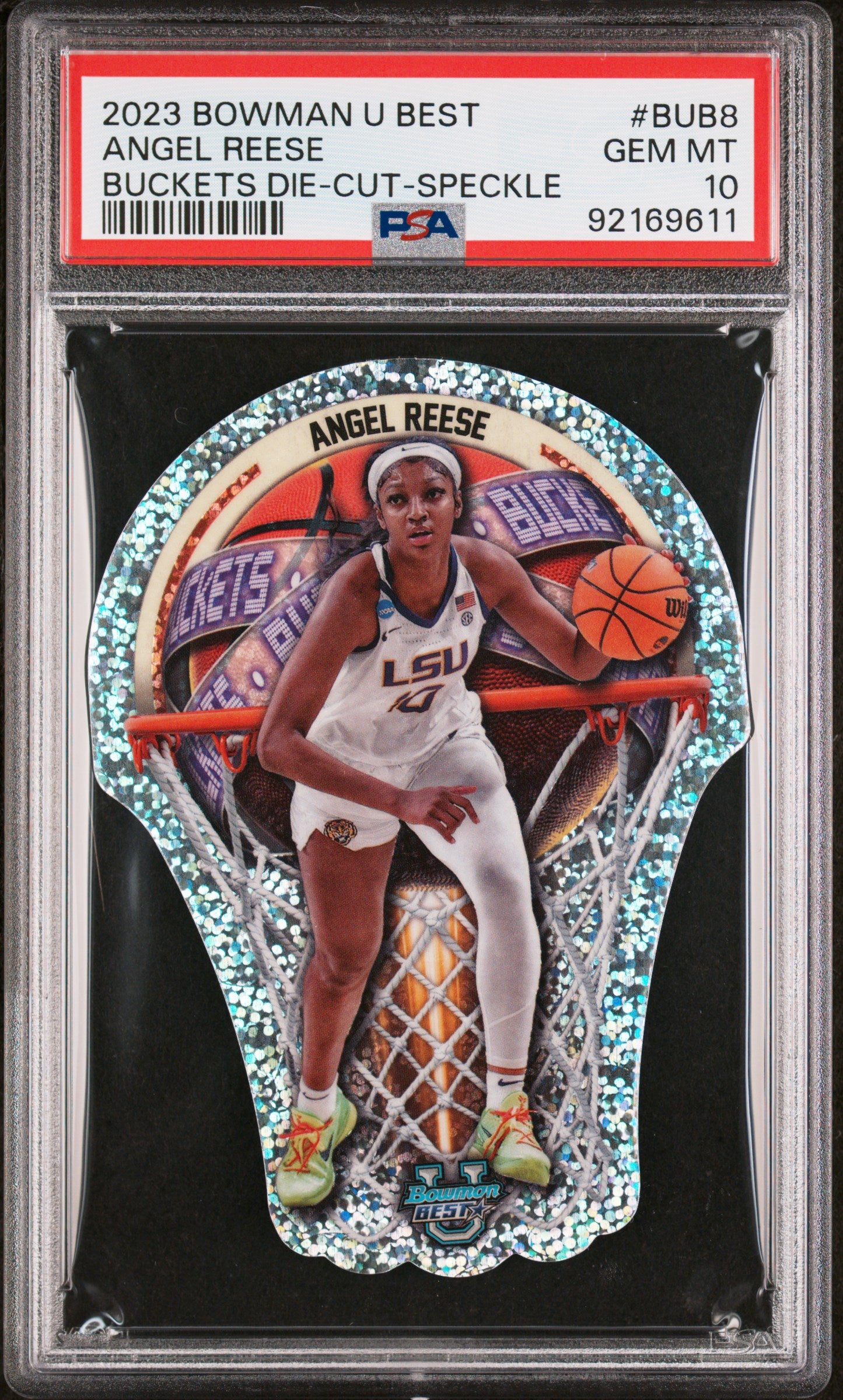 Graded 2023 Topps Bowman U Best Angel Reese #BUB8 Buckets Die Cut Speckle Rookie RC Basketball Card PSA 10 Gem Mint