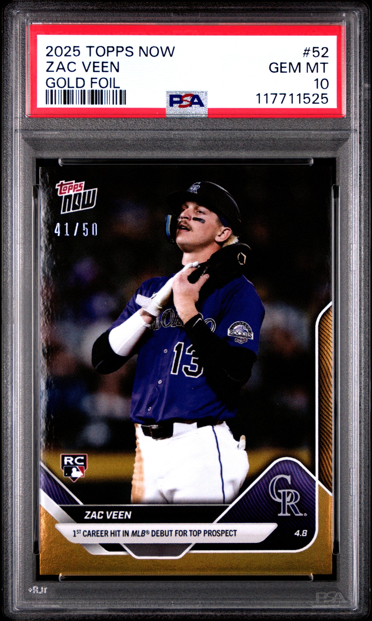 Graded 2025 Topps Now Zac Veen #52 Gold Foil /50 Rookie RC Baseball Card PSA 10 Gem Mint
