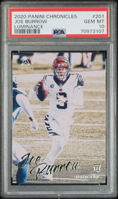 Graded 2020 Panini Chronicles Joe Burrow #201 Luminance Rookie RC Football Card PSA 10 Gem Mint