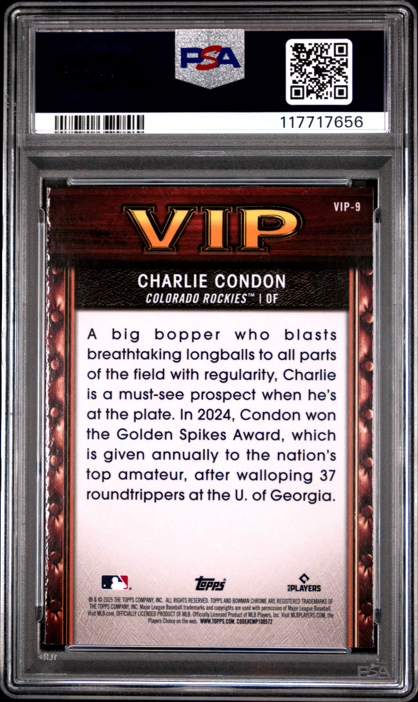 Graded 2025 Topps Bowman Charlie Condon #VIP9 Very Important Prospects Rookie RC Baseball Card PSA 10 Gem Mint