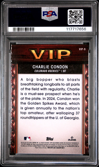 Graded 2025 Topps Bowman Charlie Condon #VIP9 Very Important Prospects Rookie RC Baseball Card PSA 10 Gem Mint