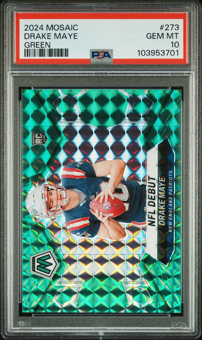 Graded 2024 Panini Mosaic Drake Maye #273 Green Rookie RC Football Card PSA 10 Gem Mint