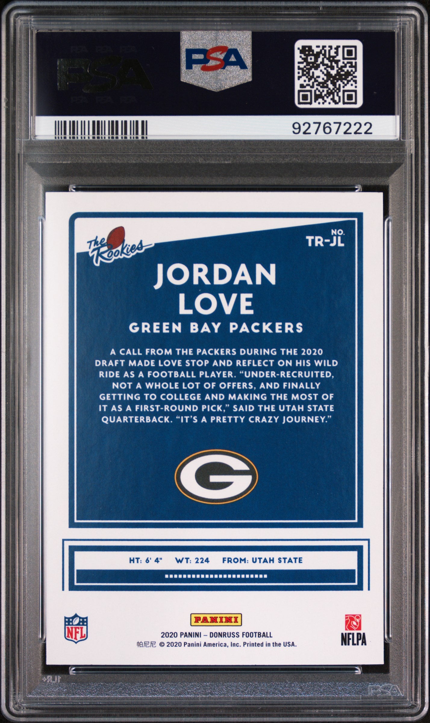 Graded 2020 Panini Donruss Jordan Love #TRJL The Rookies Rookie RC Football Card PSA 10 Gem Mint