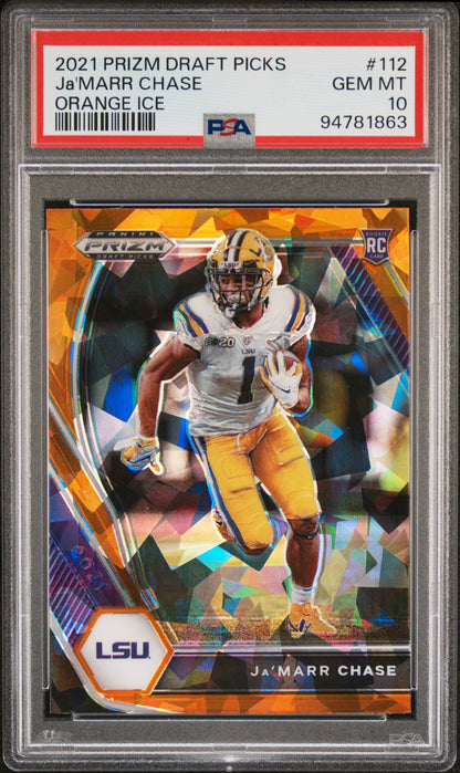 Graded 2021 Panini Prizm Draft Picks Ja'Marr Chase #112 Orange Ice Rookie RC Football Card PSA 10 Gem Mint