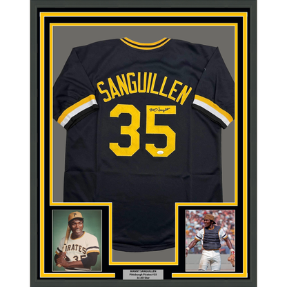 Framed Autographed/Signed Manny Sanguillen 35x39 Pittsburgh Black Baseball Jersey JSA COA
