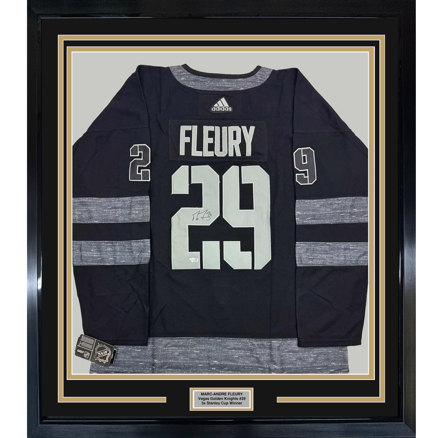 Framed Autographed/Signed Marc-Andre Fleury 35x39 Vegas Golden Knights Black Hockey Jersey Fanatics COA