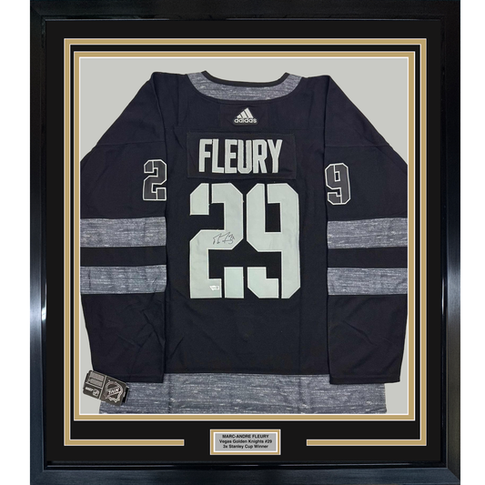Framed Autographed/Signed Marc-Andre Fleury 35x39 Vegas Golden Knights Black Hockey Jersey Fanatics COA
