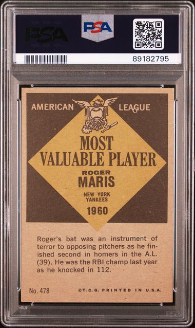 Graded 1961 Topps MVP Roger Maris #478 Baseball Card PSA 6 EX-MT
