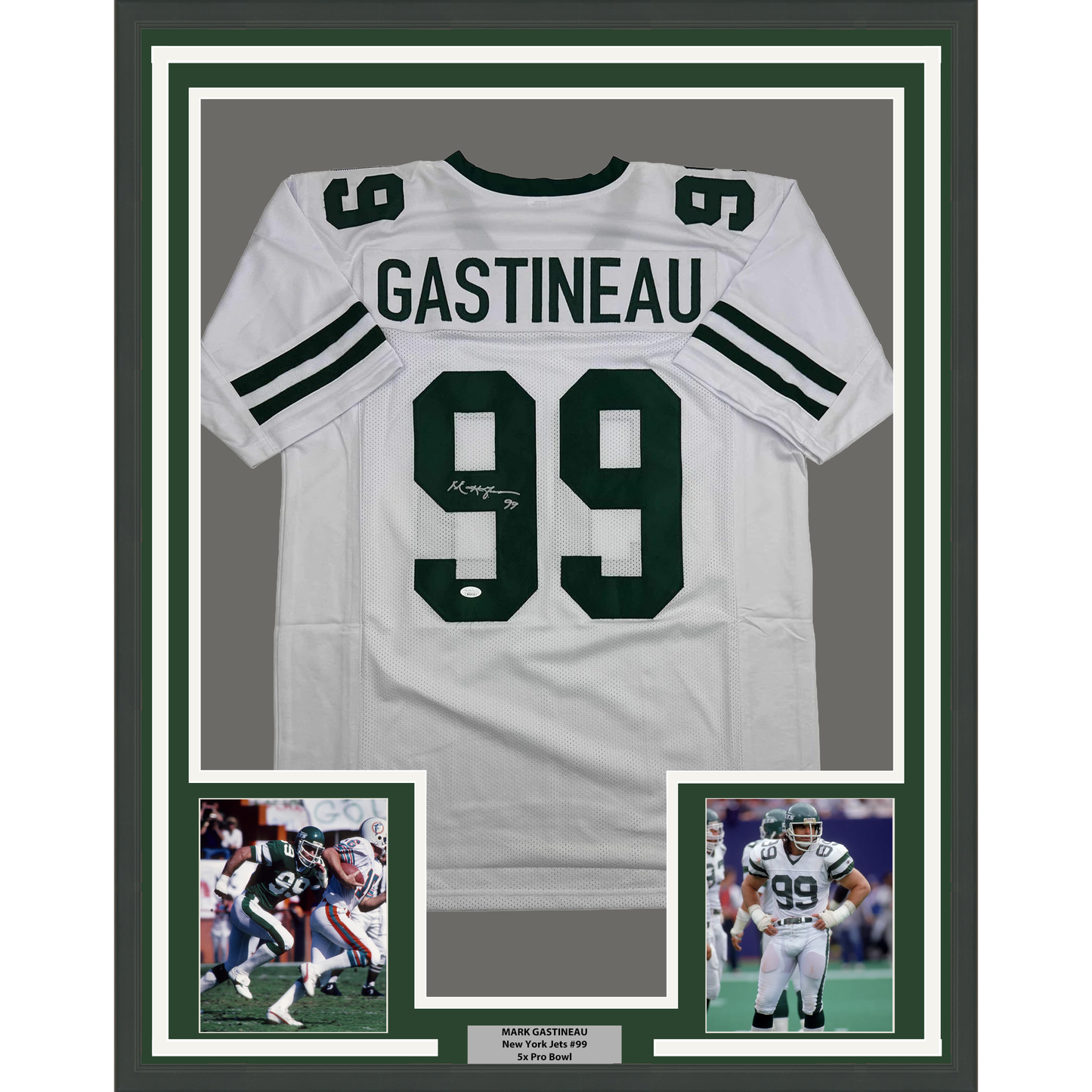 Framed Autographed/Signed Mark Gastineau 35x39 New York White Football Jersey JSA COA