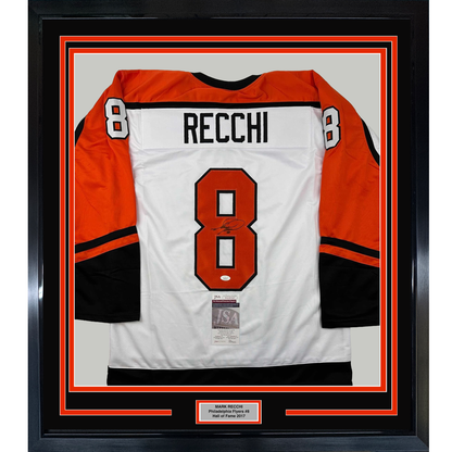 Framed Autographed/Signed Mark Recchi 35x39 Philadelphia White Hockey Jersey JSA COA