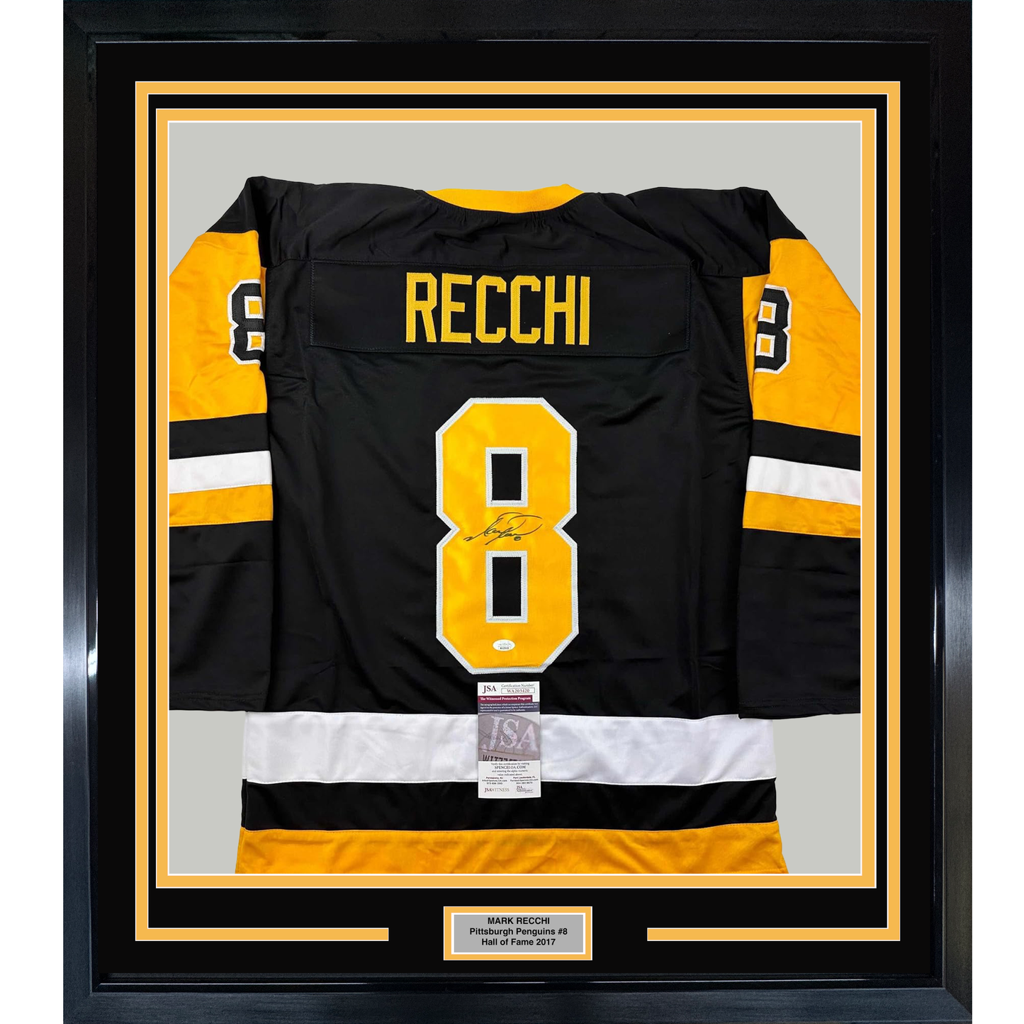 Framed Autographed/Signed Mark Recchi 35x39 Pittsburgh Black Hockey Jersey JSA COA