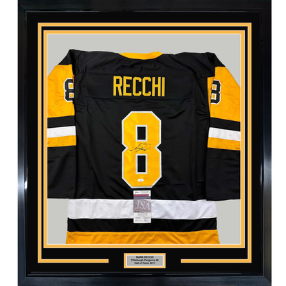 Framed Autographed/Signed Mark Recchi 35x39 Pittsburgh Black Hockey Jersey JSA COA