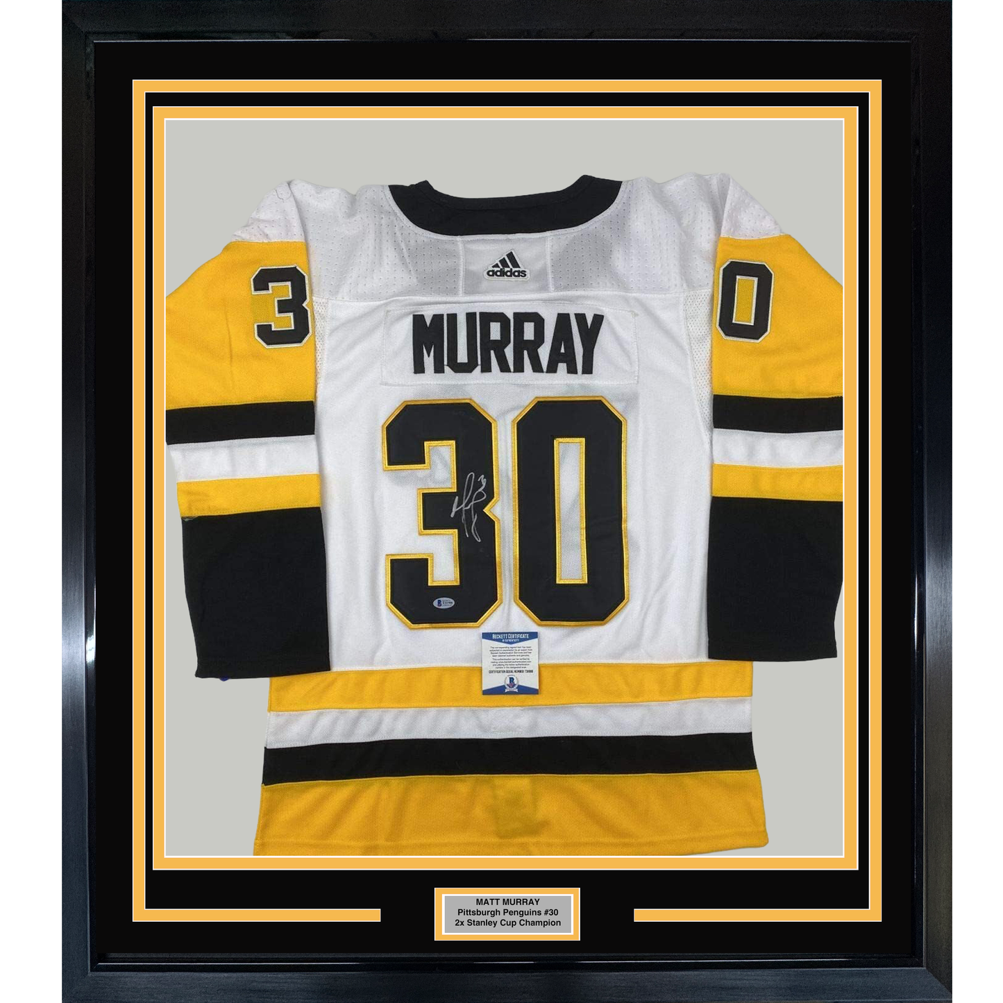 Framed Autographed/Signed Matt Murray 35x39 Pittsburgh White Hockey Jersey Beckett BAS COA