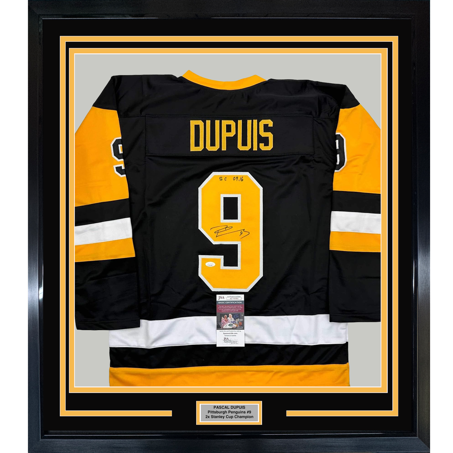 Framed Autographed/Signed Pascal Dupuis 35x39 Pittsburgh Black Hockey Jersey JSA COA