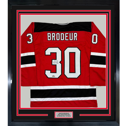 Framed Facsimile Autographed Martin Brodeur 35x39 New Jersey Red Reprint Laser Auto Hockey Jersey
