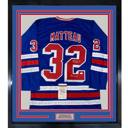Framed Autographed/Signed Stephane Matteau 35x39 94 Cup New York Blue Hockey Jersey JSA COA