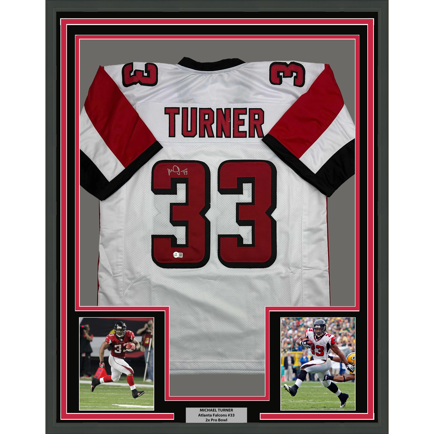 Framed Autographed/Signed Michael Turner 35x39 Atlanta White Football Jersey Beckett BAS COA