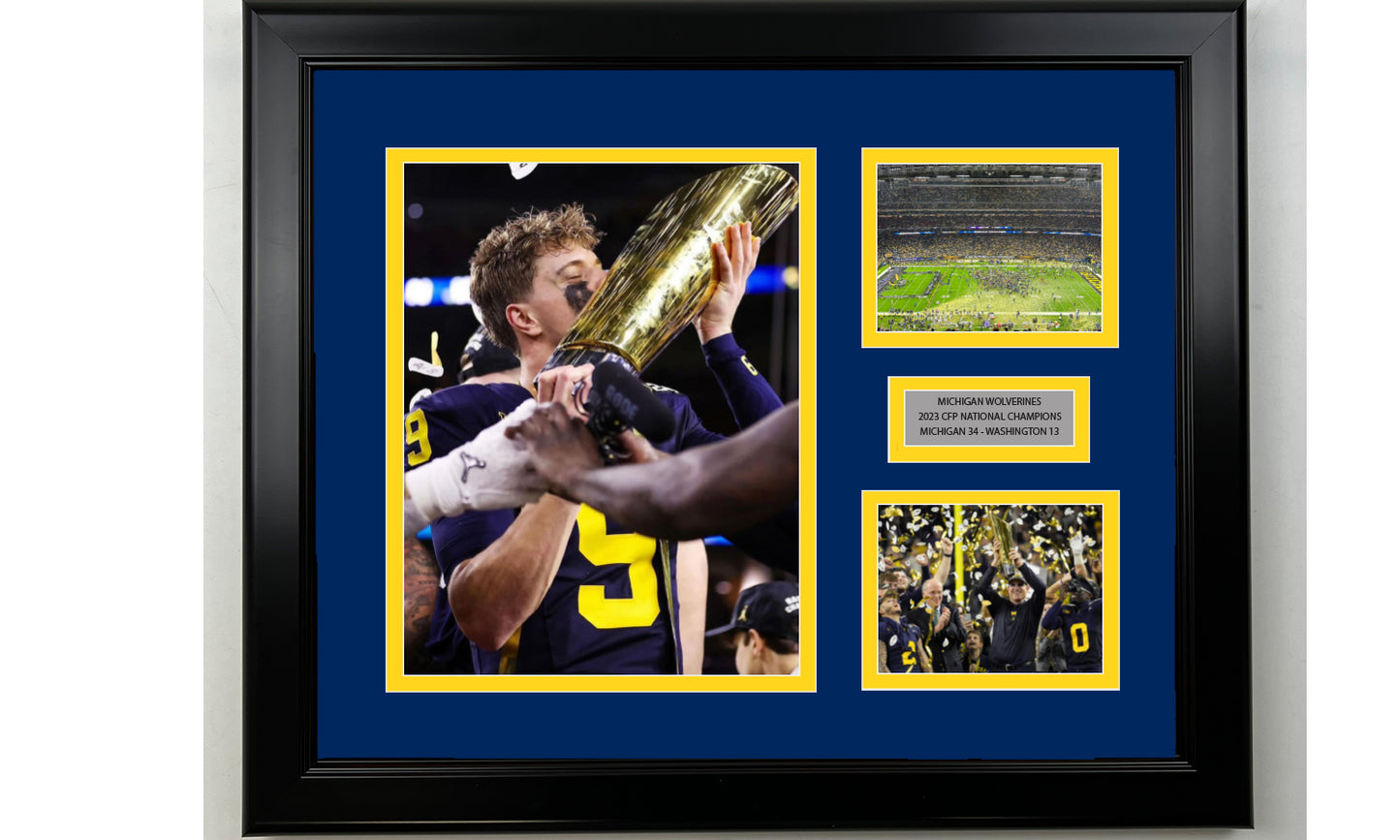 Framed Michigan Wolverines 2023 CFP National Championship Facsimile Laser Engraved Signature College Football 14x11 3 Photo Collage