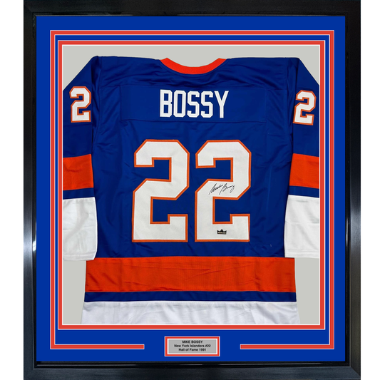 Framed Facsimile Autographed Mike Bossy 35x39 New York Blue Reprint Laser Auto Hockey Jersey