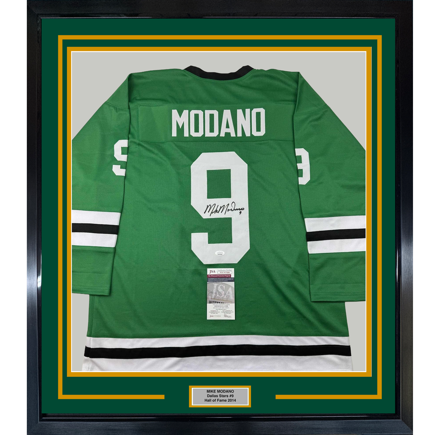 Framed Autographed/Signed Mike Modano 35x39 Dallas Green Retro Hockey Jersey Beckett BAS COA
