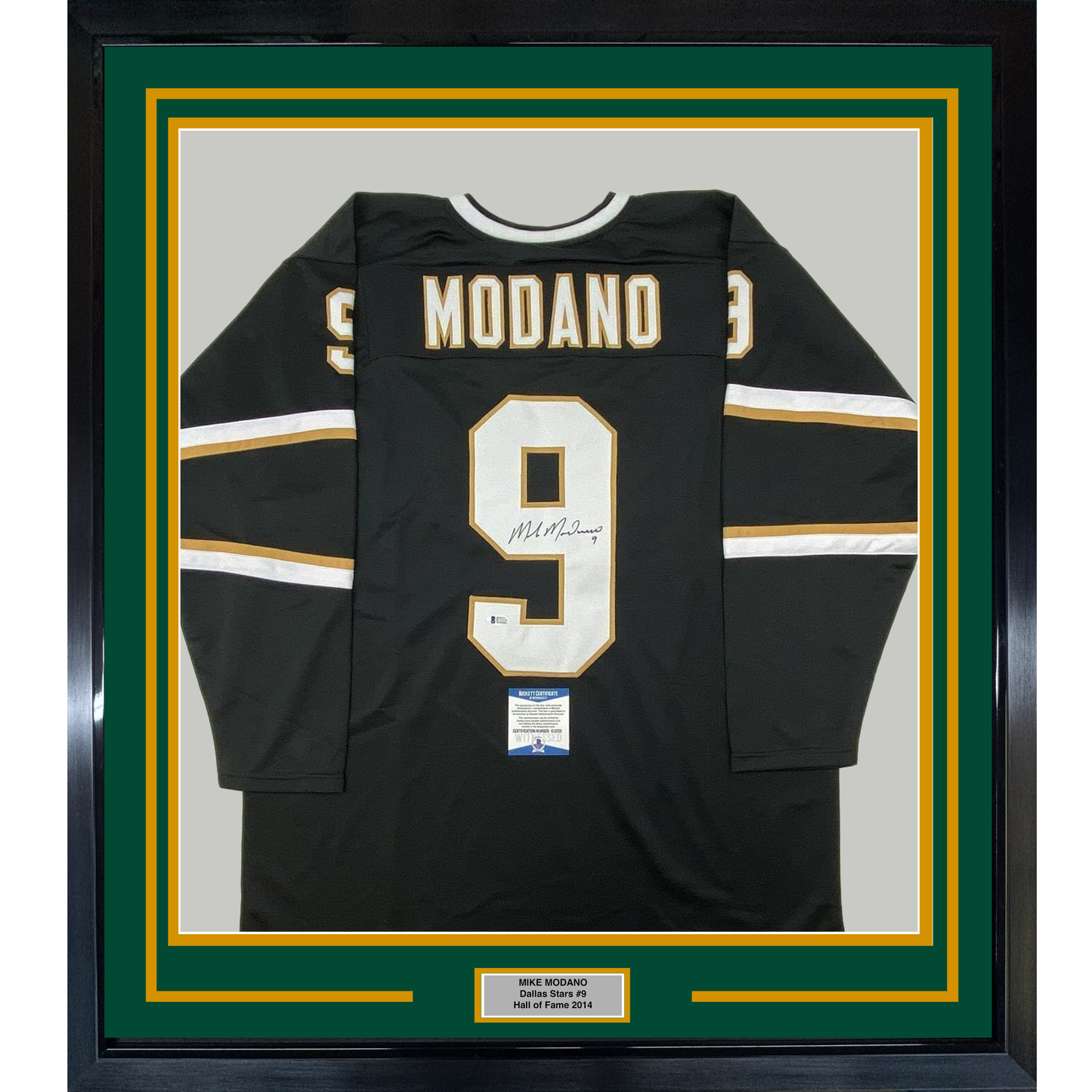 Framed Autographed/Signed Mike Modano 35x39 Dallas Black Hockey Jersey Beckett BAS COA