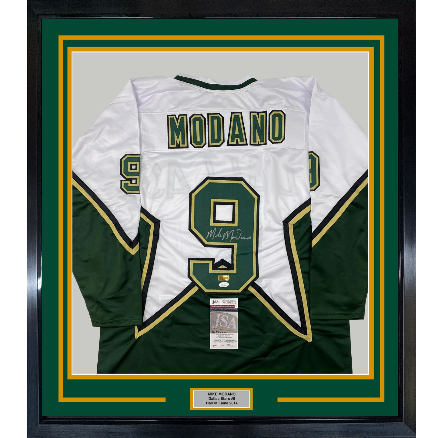 Framed Autographed/Signed Mike Modano 35x39 Dallas White Hockey Jersey Beckett BAS COA