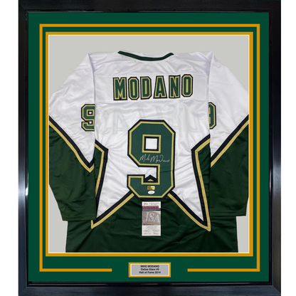 Framed Autographed/Signed Mike Modano 35x39 Dallas White Hockey Jersey Beckett BAS COA