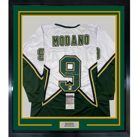Framed Autographed/Signed Mike Modano 35x39 Dallas White Hockey Jersey Beckett BAS COA
