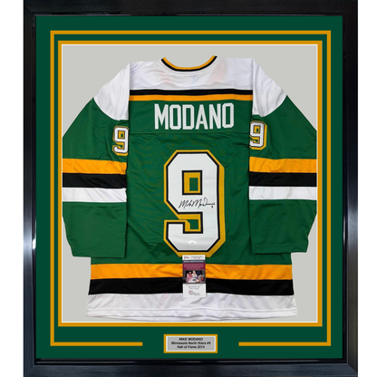 Framed Autographed/Signed Mike Modano HOF 2014 35x39 Minnesota Green Hockey Jersey Beckett BAS COA