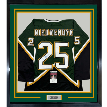 Framed Autographed/Signed Joe Nieuwendyk 35x39 Dallas Green Hockey Jersey JSA COA