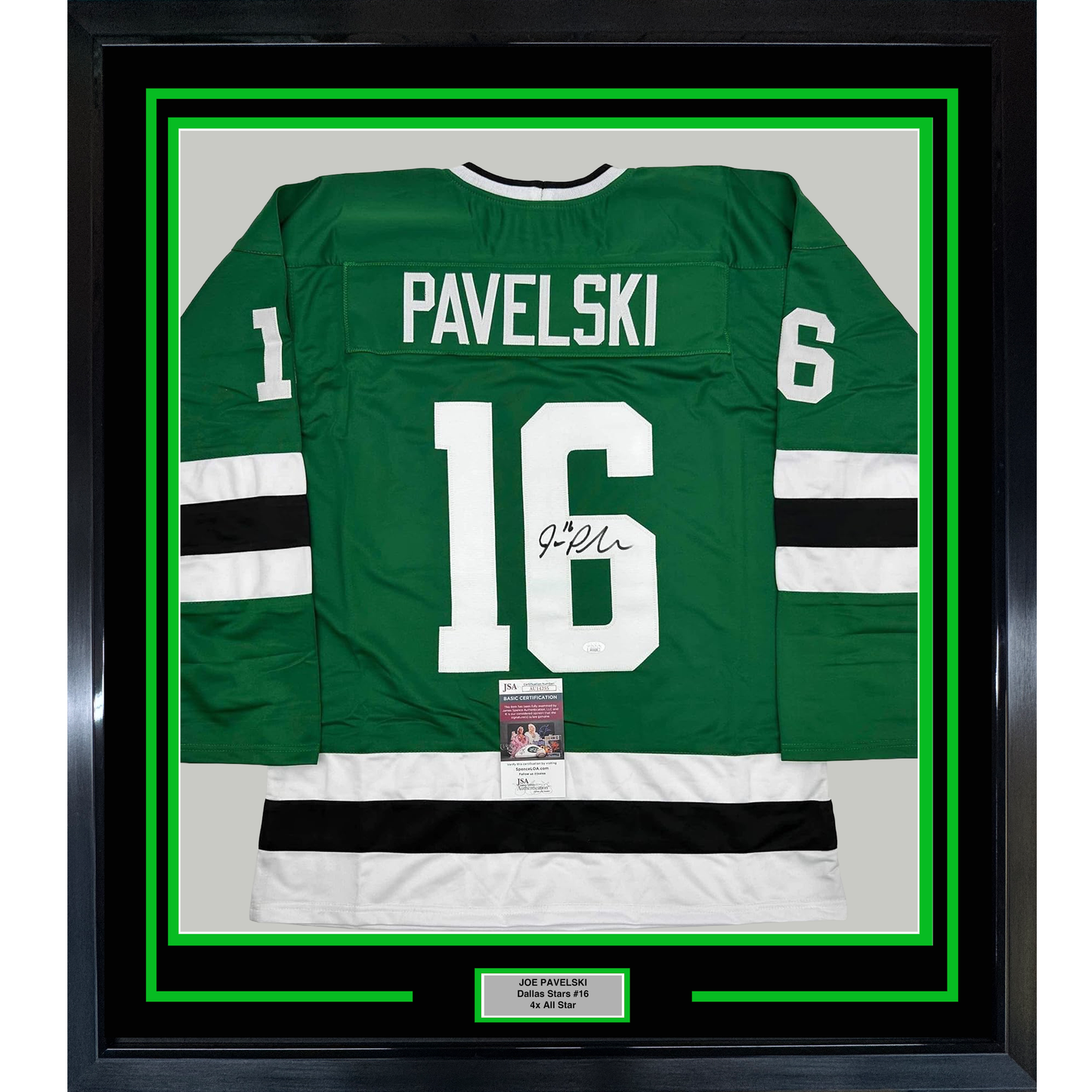 Framed Autographed/Signed Joe Pavelski 35x39 Dallas Green Retro Hockey Jersey JSA COA