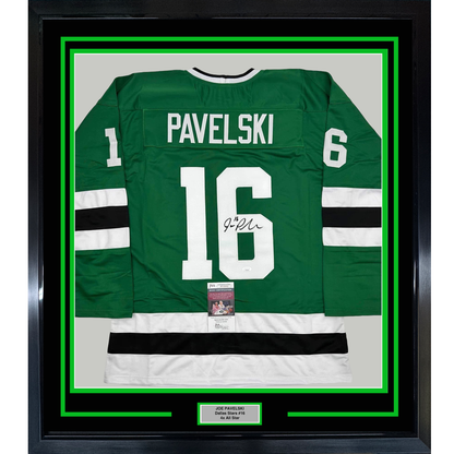 Framed Autographed/Signed Joe Pavelski 35x39 Dallas Green Retro Hockey Jersey JSA COA