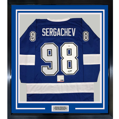 Framed Autographed/Signed Mikhail Sergachev 35x39 Tampa Bay Blue Hockey Jersey PSA/DNA COA