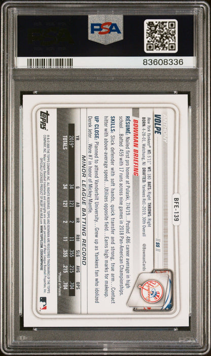 Graded 2020 Topps Bowman 1st Edition Anthony Volpe #BFE139 Sky Blue Foil Rookie RC Baseball Card PSA 10 Gem Mint
