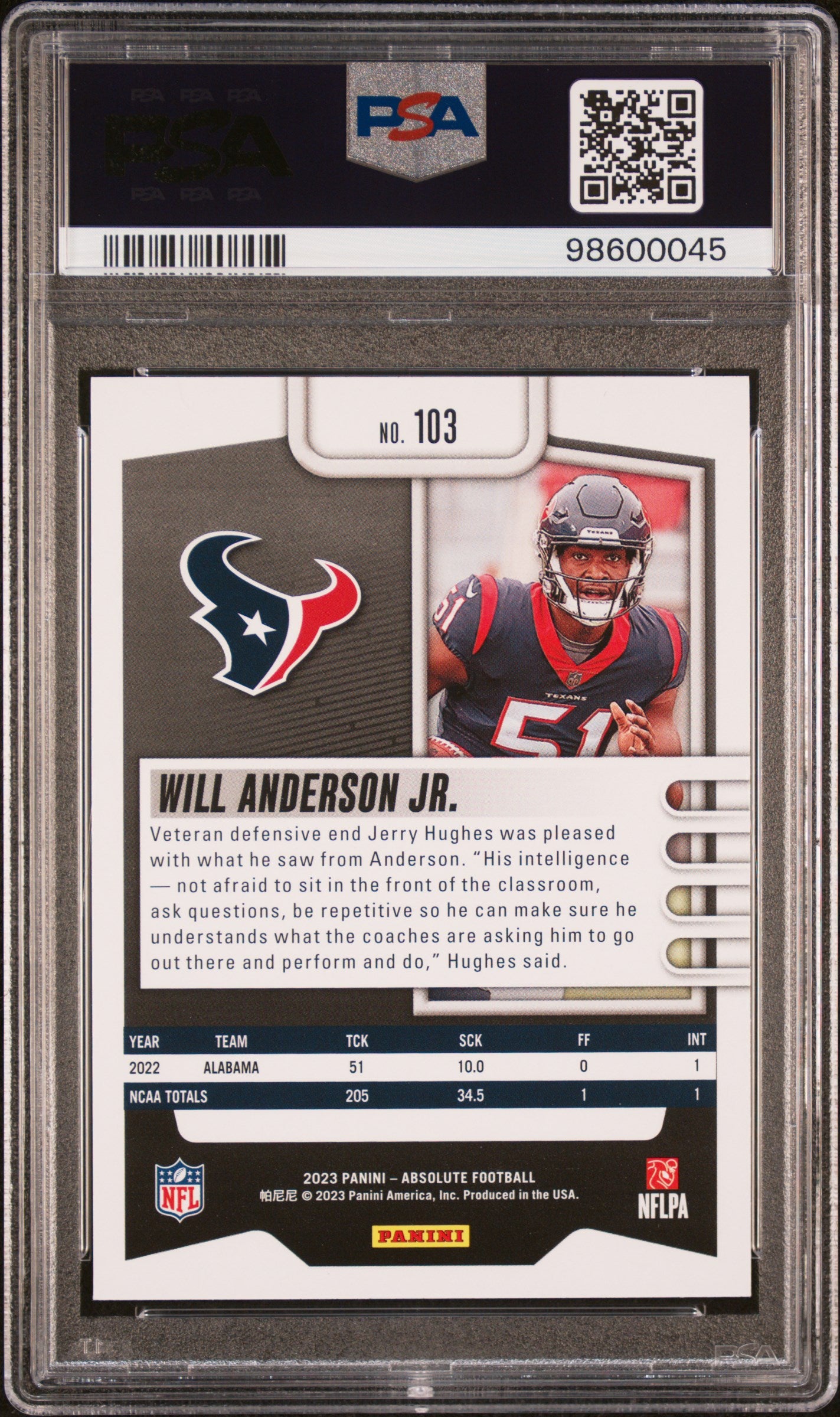 Graded 2023 Panini Absolute Will Anderson #103 Rookie RC Football Card PSA 8 Near Mint