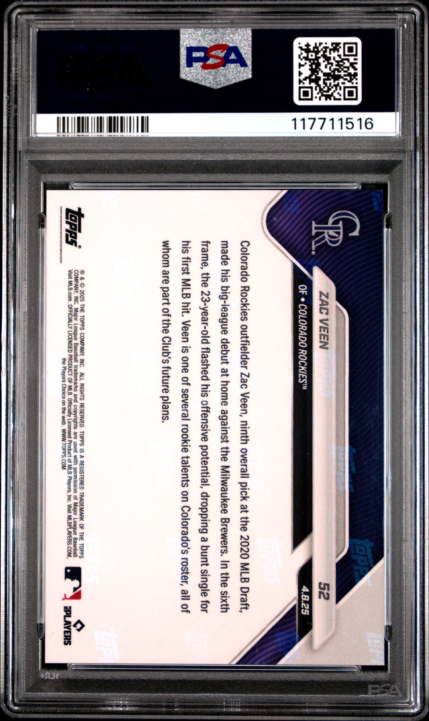 Graded 2025 Topps Now Zac Veen #52 Rookie RC Baseball Card PSA 10 Gem Mint