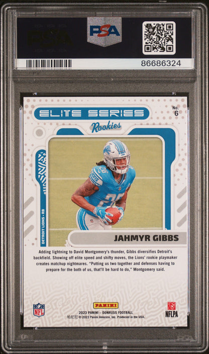 Graded 2023 Panini Donruss Jahmyr Gibbs #6 Elite Series Rookies RC Football Card PSA 10 Gem Mint