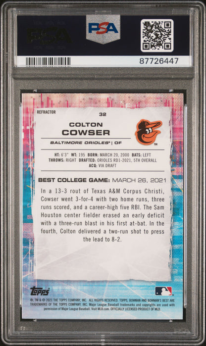 Graded 2021 Topps Bowmans Best Colton Cowser #32 Refractor Rookie RC Baseball Card PSA 10 Gem Mint