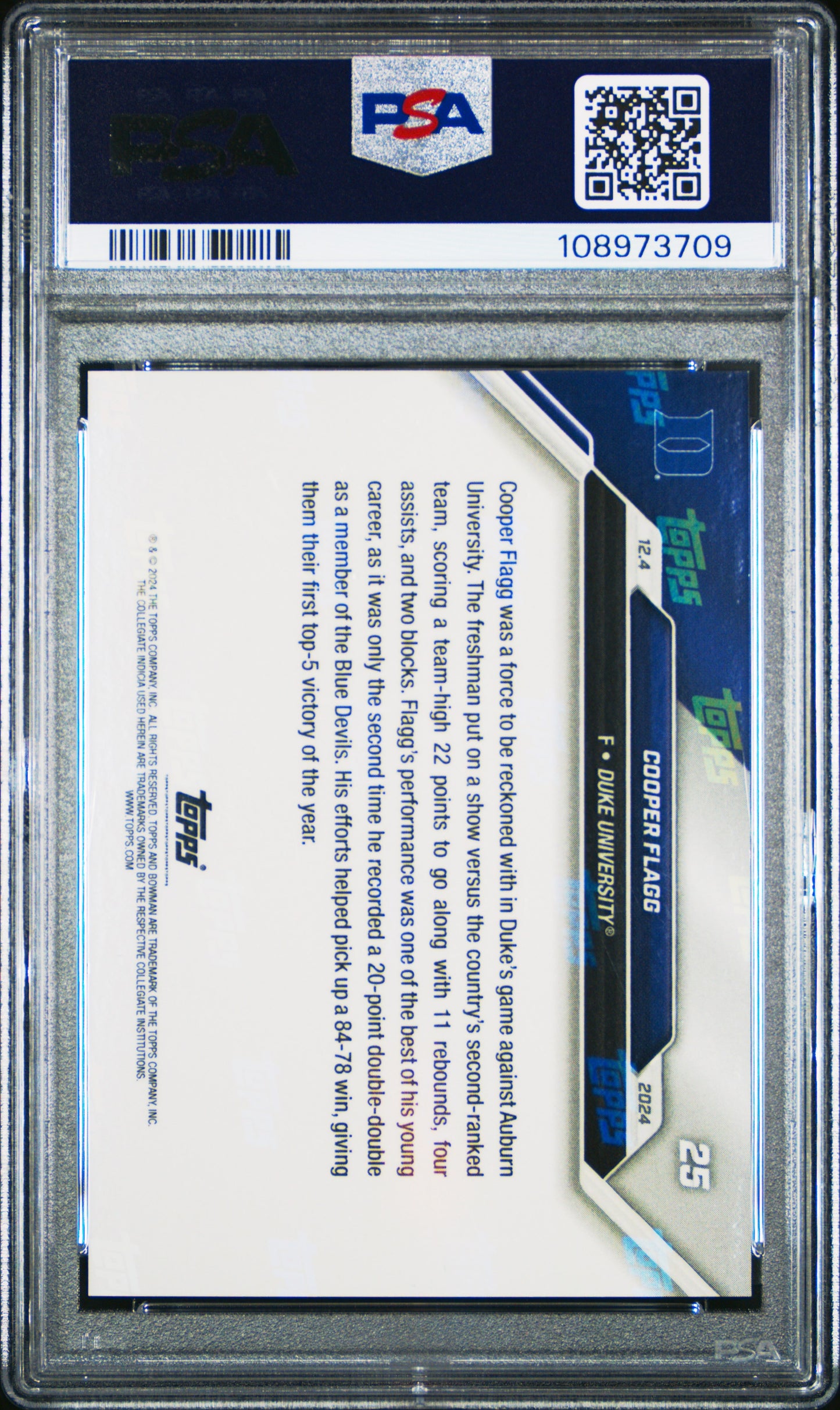 Graded 2024 Topps Bowman U Now Cooper Flagg #25 Purple /25 Rookie RC Basketball Card PSA 10 Gem Mint