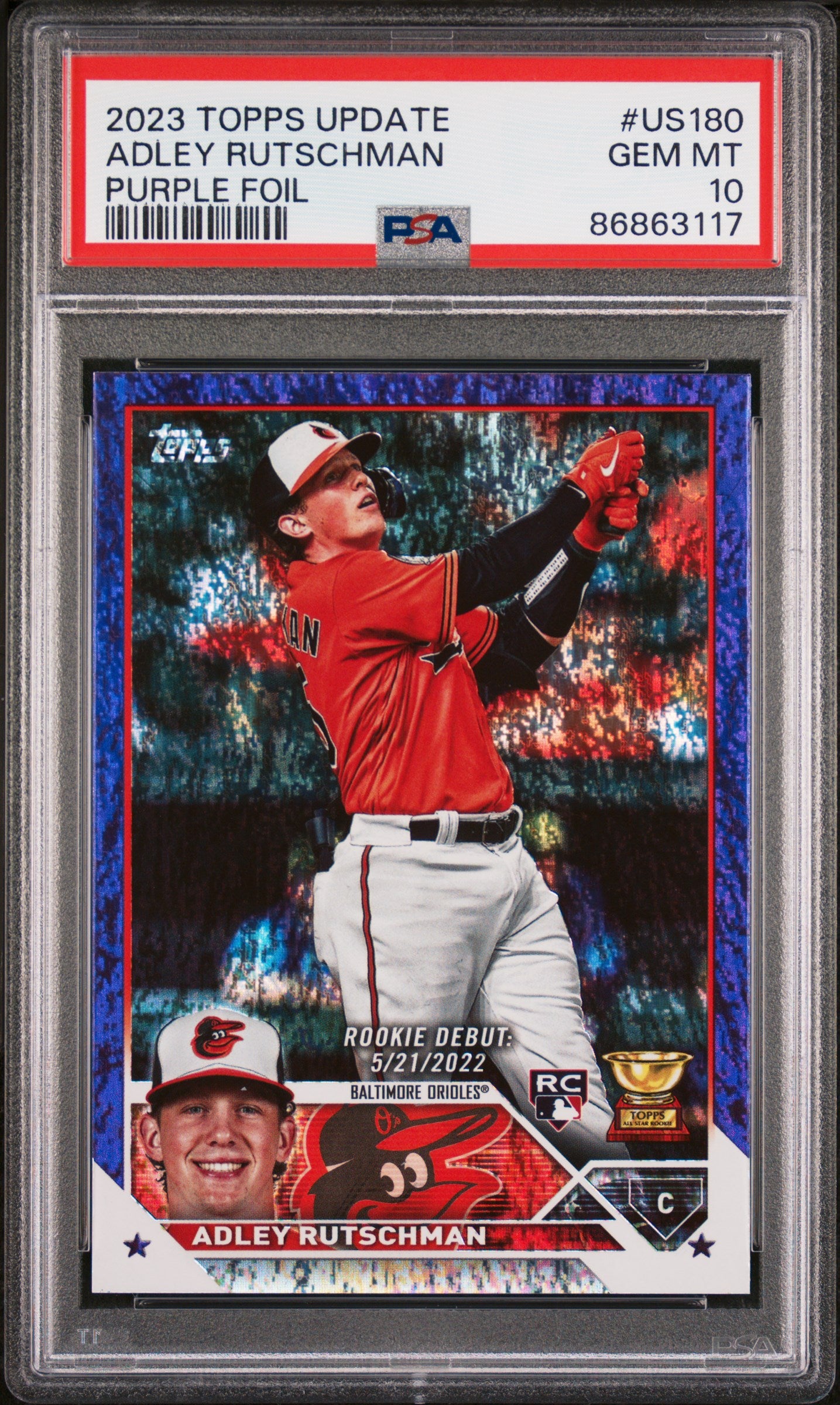 Graded 2023 Topps Update Adley Rutschman #US180 Purple Foil #/799 Rookie RC Baseball Card PSA 10 Gem Mint