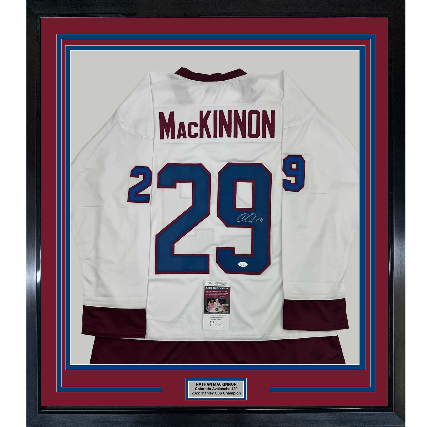 Framed Autographed/Signed Nathan MacKinnon 35x39 Colorado White Hockey Jersey JSA COA