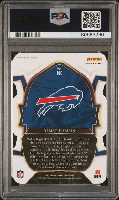 Graded 2022 Panini Select Damar Hamlin #100 Die-Cut Green/Yellow Prizm Rookie RC Football Card PSA 9 Mint