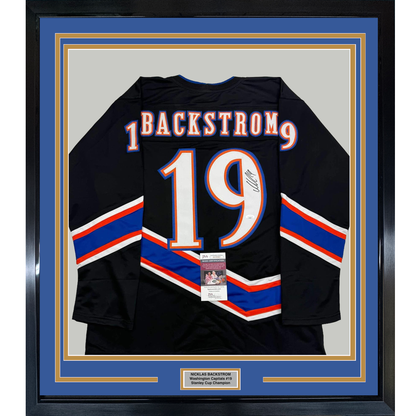 Framed Autographed/Signed Nicklas Backstrom 35x39 Washington Black Retro Hockey Jersey JSA COA