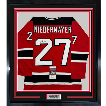 Framed Autographed/Signed Scott Niedermayer "HOF 2013" 35x39 New Jersey Red Hockey Jersey JSA COA