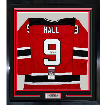 Framed Autographed/Signed Taylor Hall 35x39 New Jersey Red Hockey Jersey JSA COA