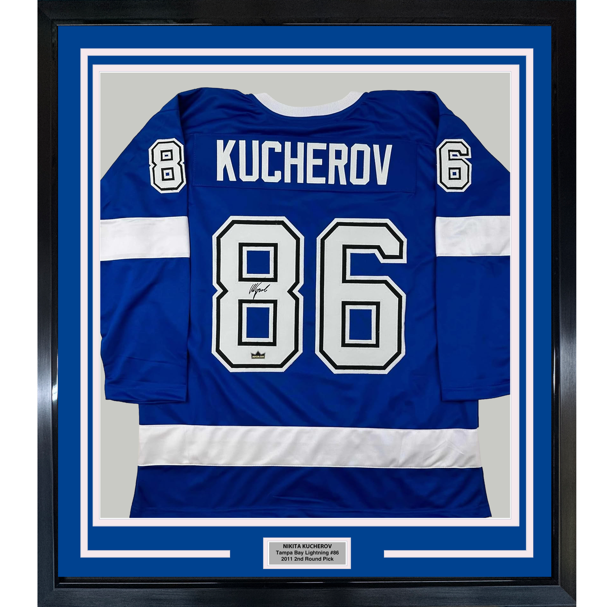 Framed Facsimile Autographed Nikita Kucherov 35x39 Tampa Bay Blue Reprint Laser Auto Hockey Jersey