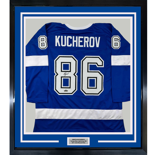 Framed Facsimile Autographed Nikita Kucherov 35x39 Tampa Bay Blue Reprint Laser Auto Hockey Jersey