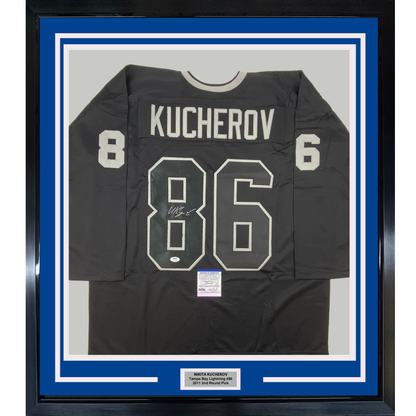 Framed Autographed/Signed Nikita Kucherov 35x39 Tampa Bay Black Hockey Jersey PSA/DNA COA