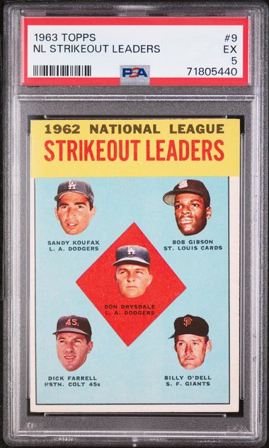 Graded 1963 Topps NL Strikeout Leaders Sandy Koufax Bob Gibson #9 Baseball Card PSA 5